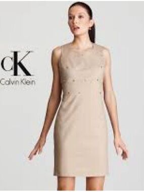 Calvin Klein Tan Sleeveless Midi Sheath Dress with Gold Accents Size 16
